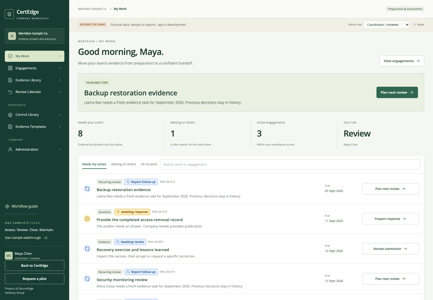 CertEdge company workspace showing evidence tasks, review actions and waiting states.