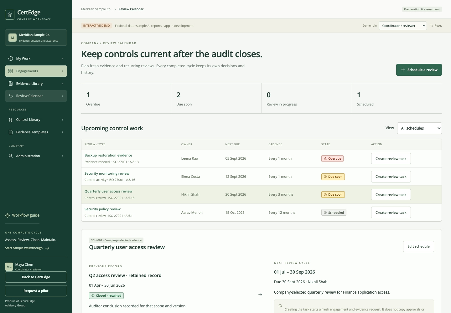 Review Calendar with upcoming control work, owners, dates and linked engagement context.