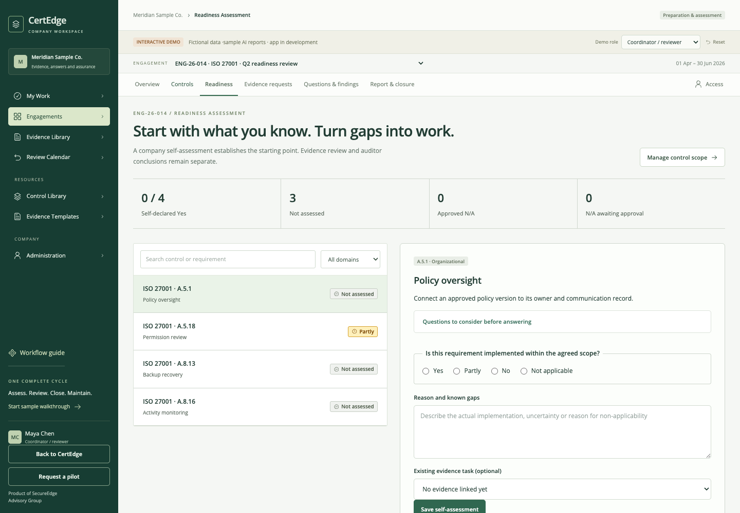 Readiness Assessment showing framework questions, responses, rationale and task creation.